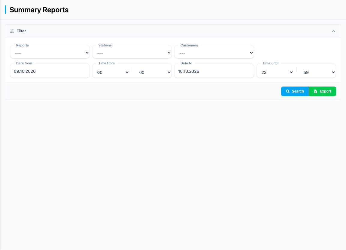 The Summary Reports page with filter