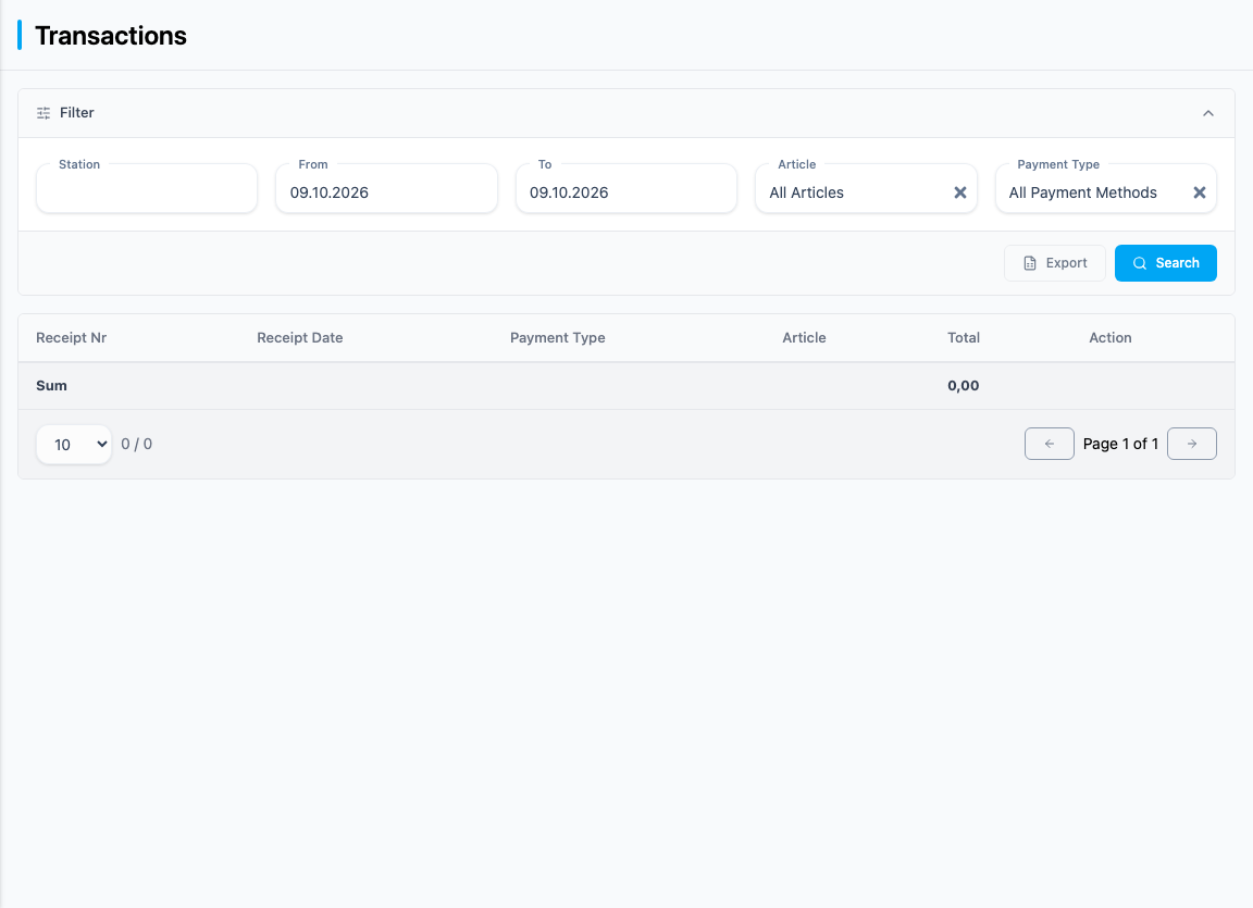 The transaction list with filter