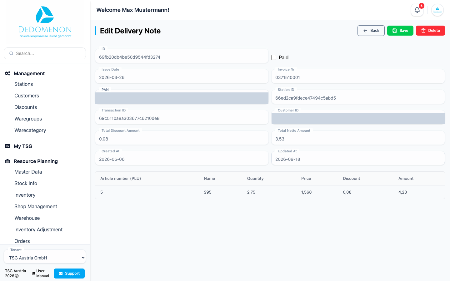 The page for editing a delivery note