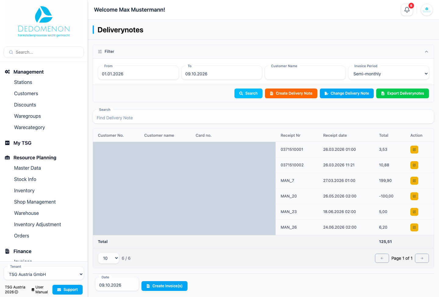 The delivery note overview with filter, list and invoice date