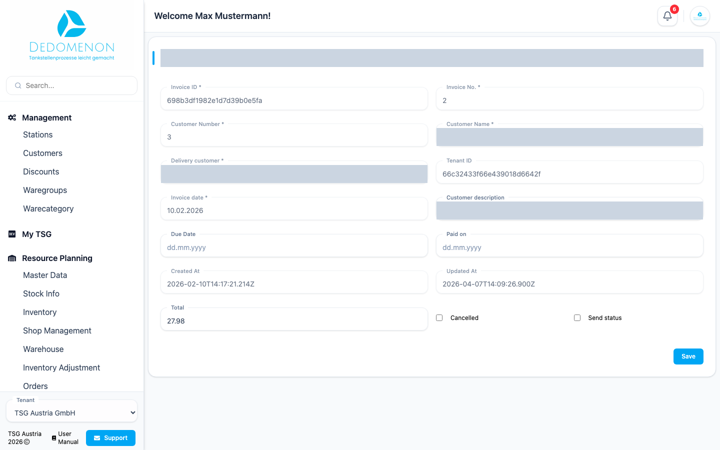 The page for editing an invoice