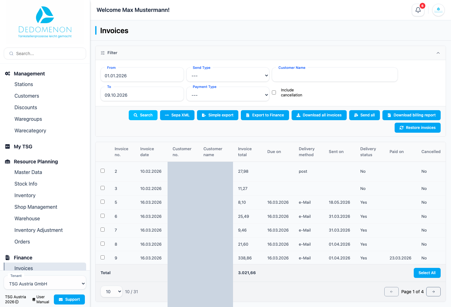 The invoice overview with filter and invoice list