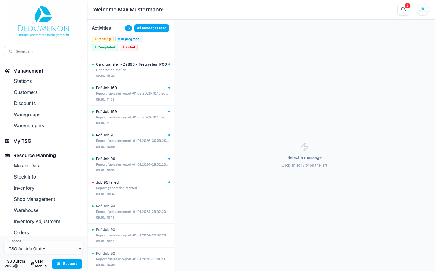 The Activities page with the message list and details
