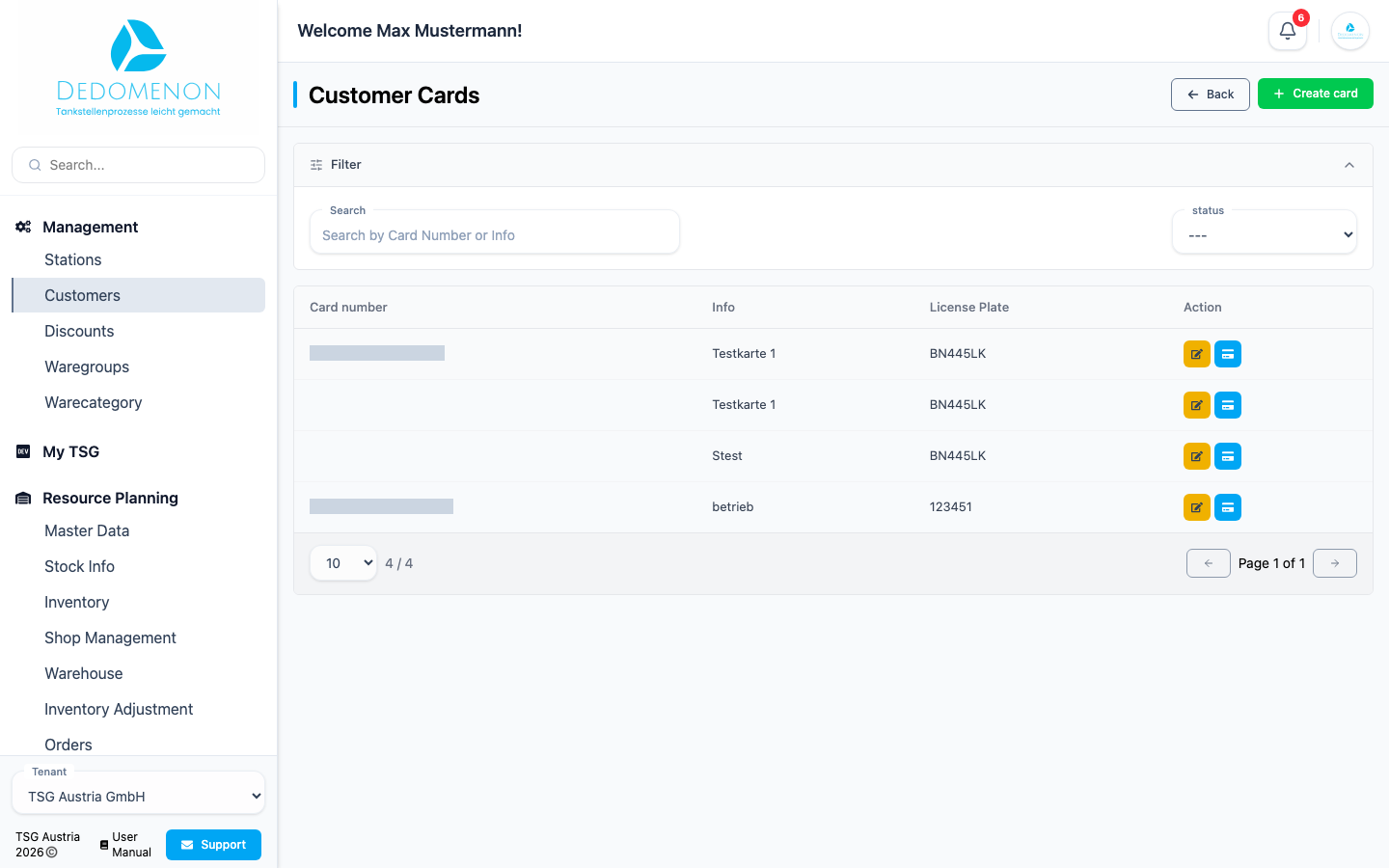 A customer's card list
