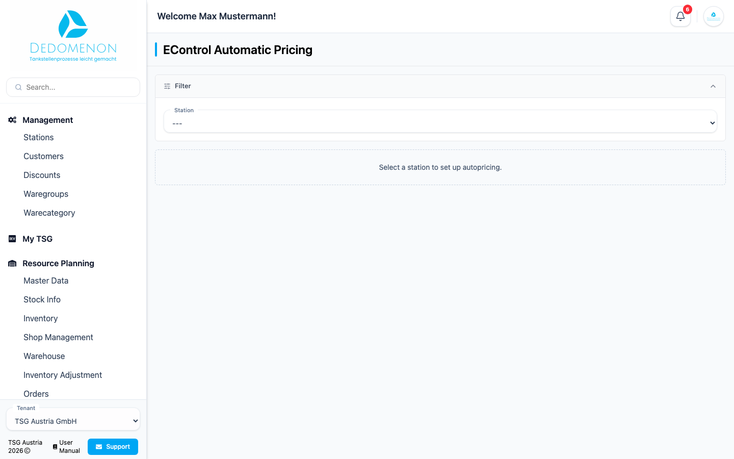 The EControl Automatic Pricing page with pricing mode, reference stations and linked articles