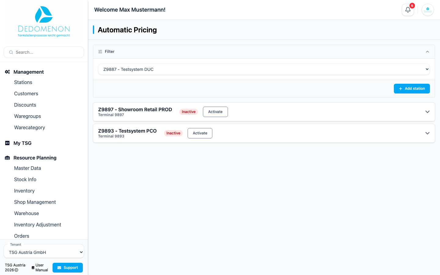 The Automatic Pricing page with one station expanded