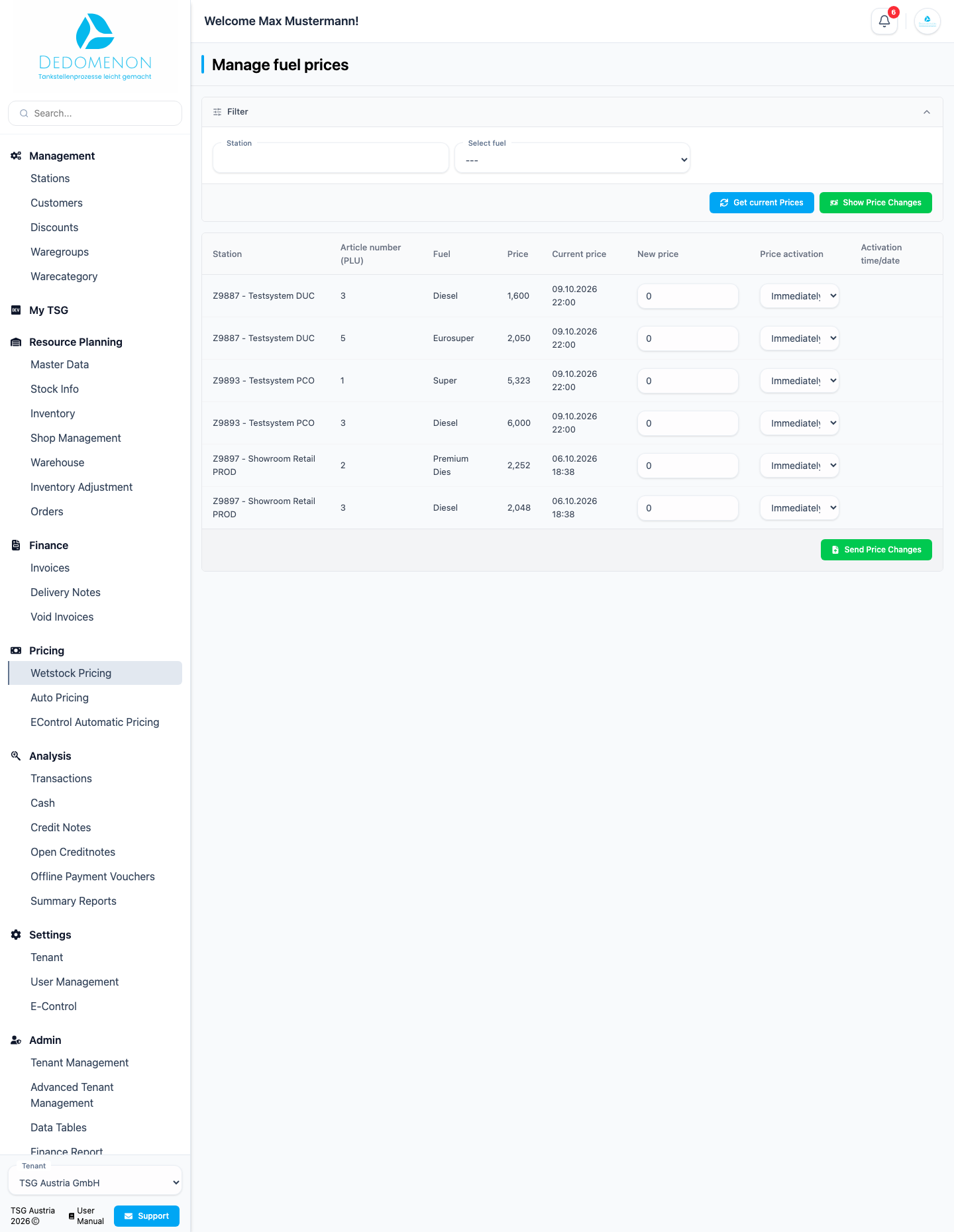The Manage fuel prices page with filter and price table