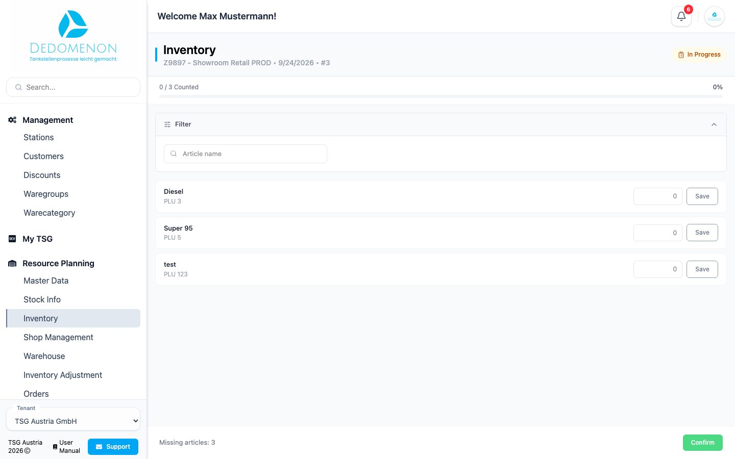 The counting page of an inventory with progress bar