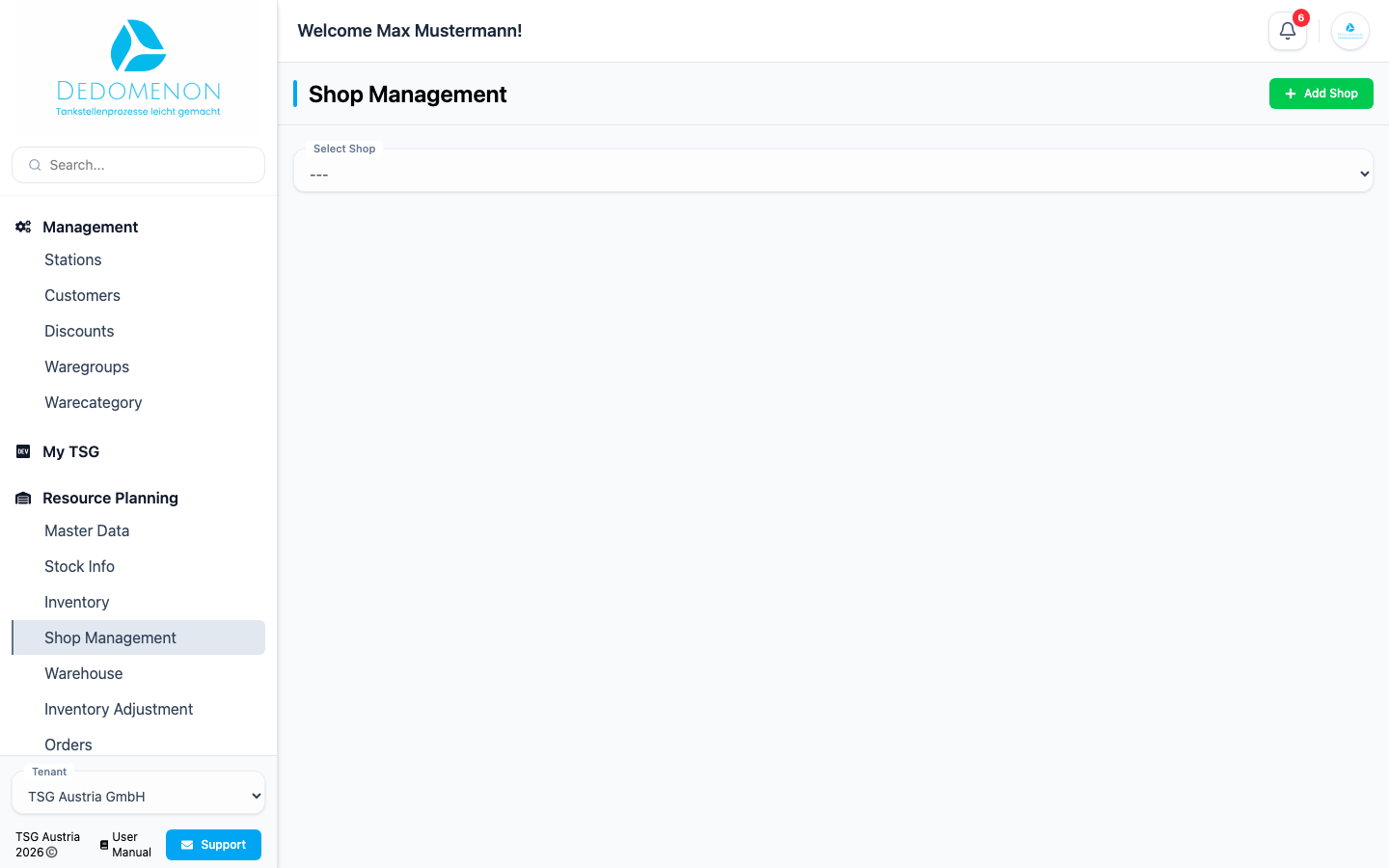 The Shop Management page with a selected shop and its articles