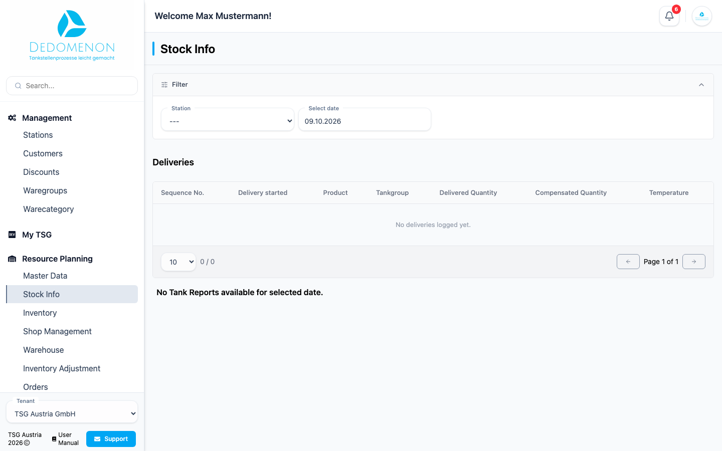 The Stock Info page with deliveries and tank cards