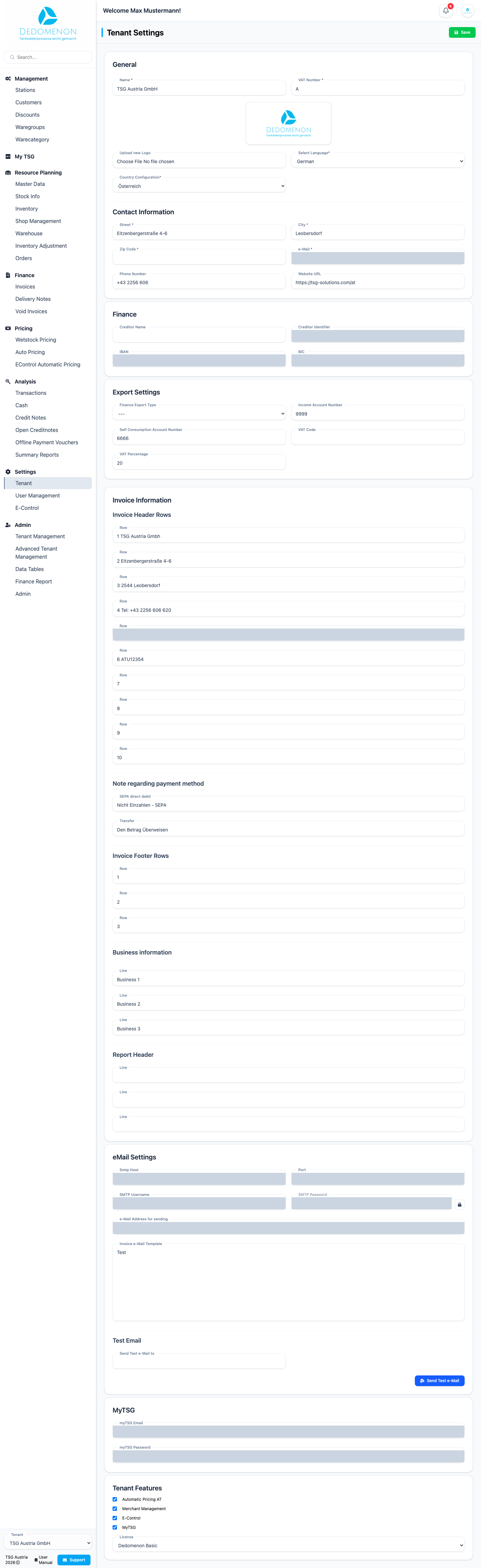 The Tenant Settings page