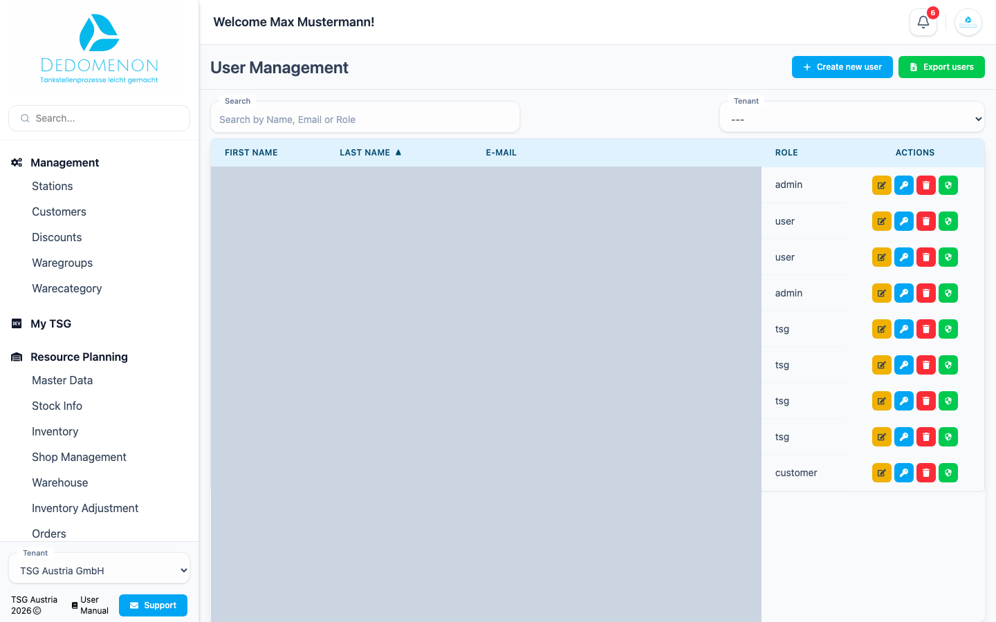 User Management with the list of users